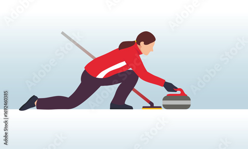 Curling sport. Female athlete sliding stone on ice during curling game, Traditional winter game and Olympic sports concept