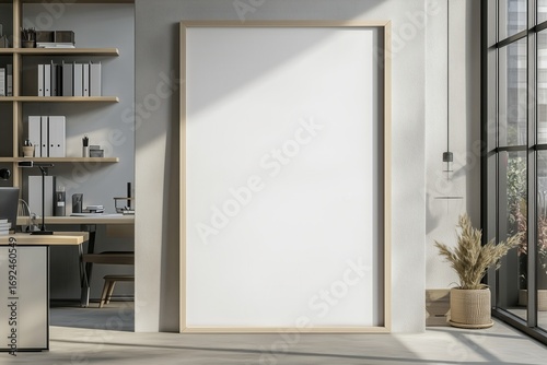 Quadro em branco com moldura de madeira em diferentes ambientes de escritório e home office modernos, decorados com plantas, luminárias e objetos de design, IA generativa