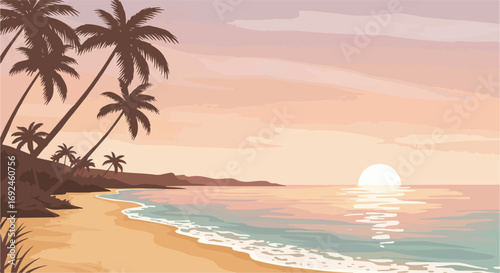 Tropical sunset beach scene with palms
