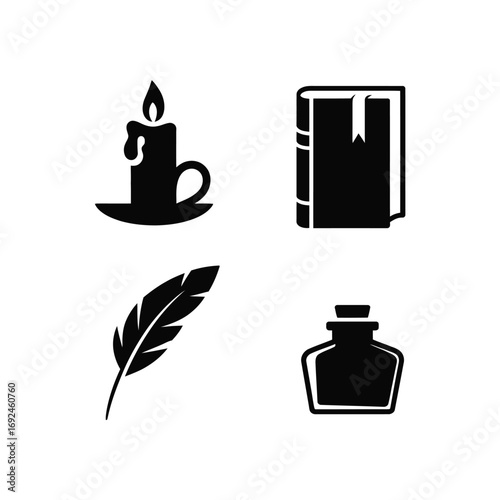 Minimalist black silhouette icons of candle book feather and inkwell for creative projects silhouette vector illustration white background