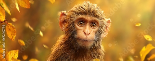 Monkey emoji icon with rich fur detail and golden forest background