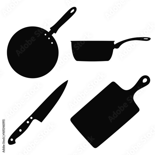 Black silhouettes of kitchenware including frying pan knife cutting board and saucepan silhouette vector illustration white background
