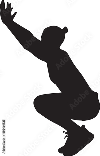 Athletic silhouette of a woman in a deep squat pose with arms raised in dynamic fitness movement