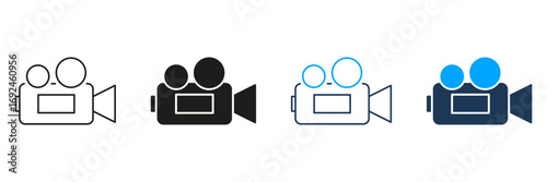 Film Camera Line And Solid Icon Set. Video Production, Filmmaking, And Cinematography Symbol Collection. Movie Recording And Media Equipment. Isolated Vector Illustration
