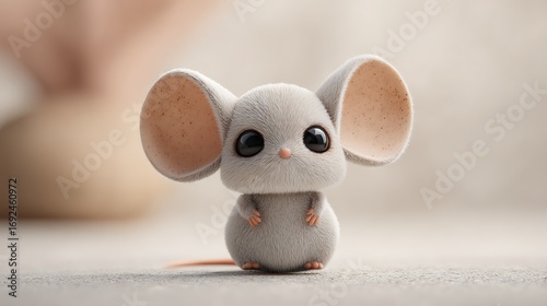 Mouse emoji icon with large ears and soft focus neutral background