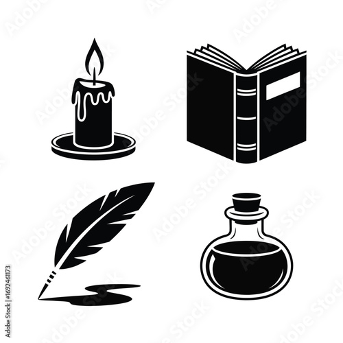 Four black minimalist silhouettes of a burning candle open book quill pen and potion bottle silhouette vector illustration white background