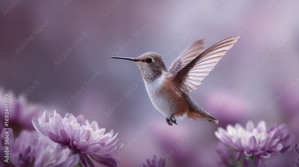 Fototapeta premium Hummingbird Sipping Nectar in Slow Motion Among Beautiful Purple Flowers
