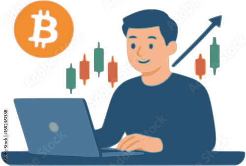 Bitcoin Trader's Focus: A determined trader analyses market data and charts for a bitcoin cryptocurrency investment on a laptop.