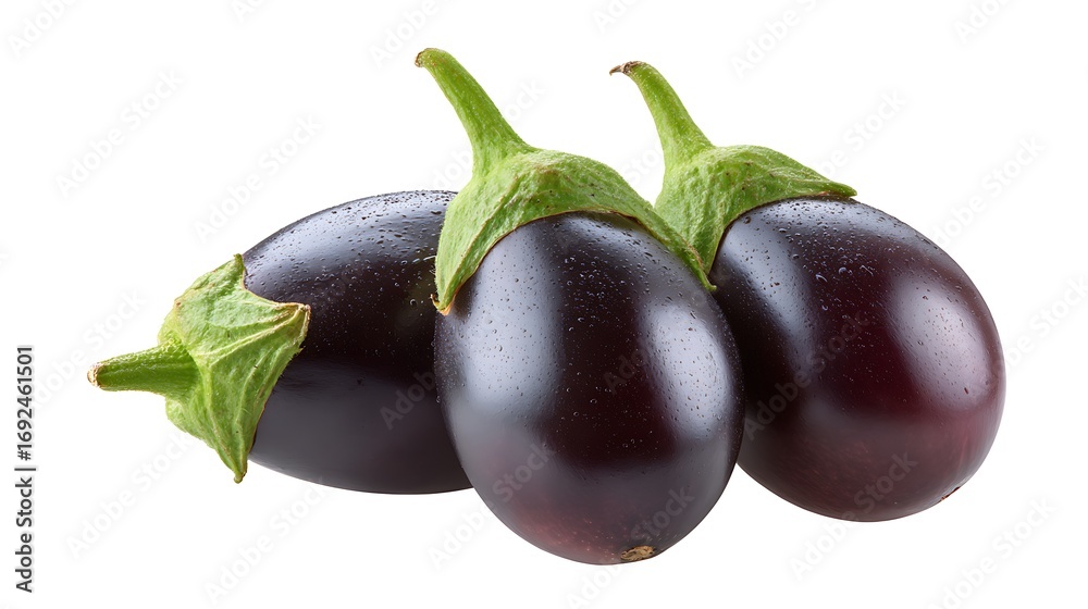 Obraz premium Three Freshly Washed Eggplants with Green Stems Isolated on a White Background Close Up