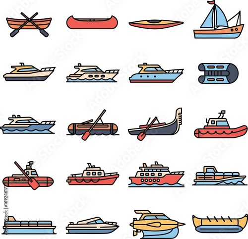 A vibrant collection of diverse watercraft icons, showcasing various types of boats from canoes and kayaks to motor yachts and sailboats, ideal for nautical themes