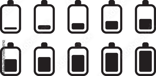 Battery Charging Rounded Edge Icon Set in Black and White - Battery Level Indicators from Empty to Full - Power Energy Symbol Pack for Mobile Devices, Apps, Web, UI, UX, and Tech Interfaces