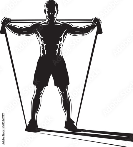 Muscular male fitness silhouette performing strength training with resistance bands