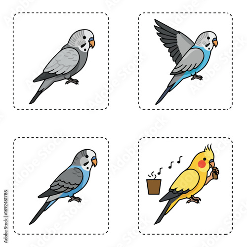 Cutout birds parrot, budgie, cockatiel cartoon illustrations with coffee