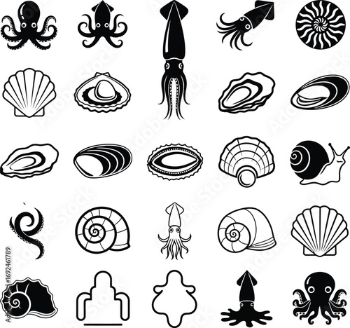 A collection of minimalist vector illustrations featuring a variety of seafood and shellfish icons