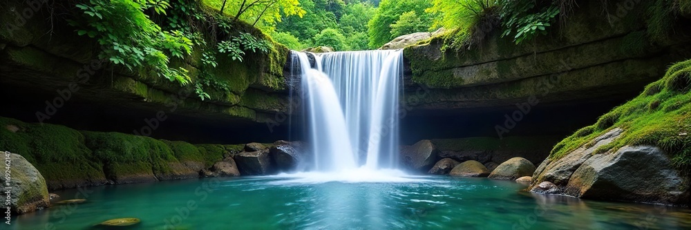 Fototapeta premium Serene waterfall cascading over moss-covered rocks, creating a misty spray and tranquil pool below Perfect for nature, travel, and relaxation themes , quiet, mist