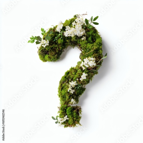 Green Moss and White Flower Sculpted Question Mark: Organic Growth and Natural Beauty on White Background, Biophilic Design