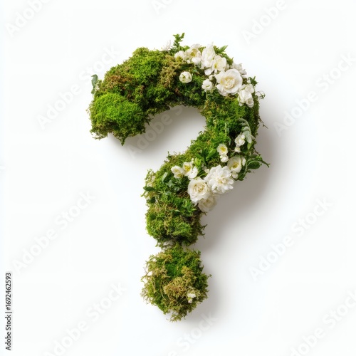 Green Moss and White Flower Sculpted Question Mark: Organic Growth and Natural Beauty on White Background, Biophilic Design