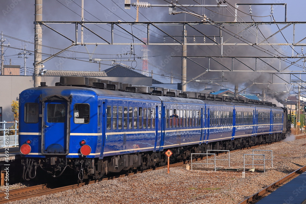 Fototapeta premium 黒煙を纏って走り去るD51-498号機牽引のSLみなかみ号_2010/11/28撮影