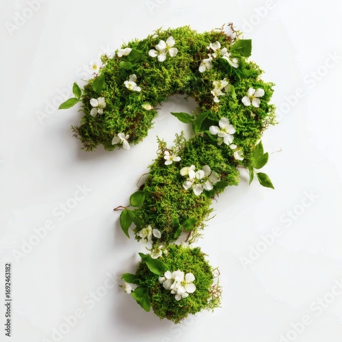 Green Moss and White Flower Sculpted Question Mark: Organic Growth and Natural Beauty on White Background, Biophilic Design