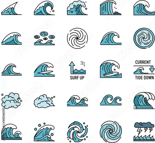 Collection of stylized flat design icons representing ocean waves, surfing, and weather phenomena like storms and tides