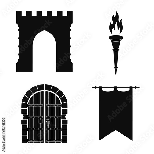 Medieval fortress gate torch banner and castle battlements silhouette icons for fantasy design silhouette vector illustration white background