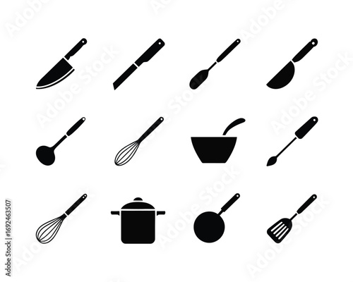 Bundle of 12 kitchen utensil icons featuring knives whisks spoons pots and more for culinary design silhouette vector illustration white background