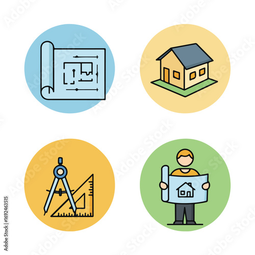 Architect's plan Icons of house blueprint, house, ruler and compass, and builder