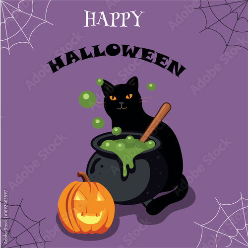 halloween card with cat, pumpkin and Magic Witch Cauldron with Potion