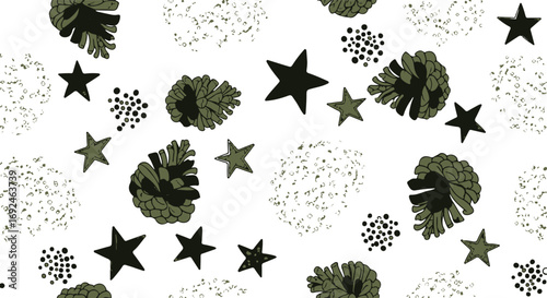 Seamless pattern of pine cones, stars, and abstract dots on a white background design