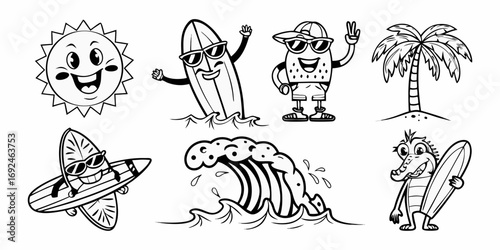 Fun summer beach characters including sun surfboard palm tree wave and crocodile