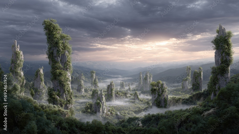 Fototapeta premium Stunning Matte Painting of Regeneration in Nature with Rocks and Lush Greenery at Sunrise