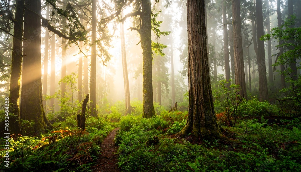 Fototapeta premium Sunlight filtering through the trees in the forest.
