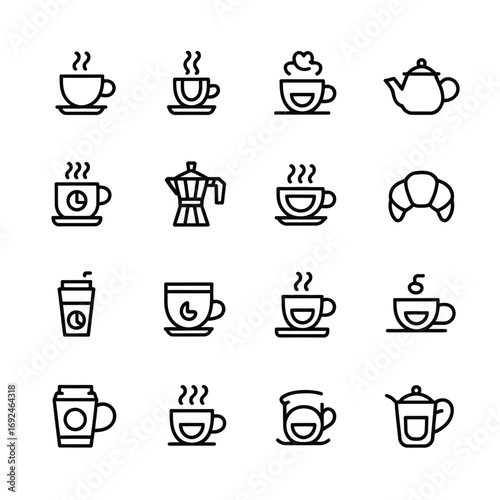 Collection of 12 simple outline icons for coffee and cafe essentials silhouette vector illustration white background