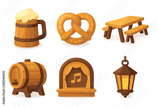 Oktoberfest flat icon set. featuring beer, pretzel, bench, barrel, music, lantern.