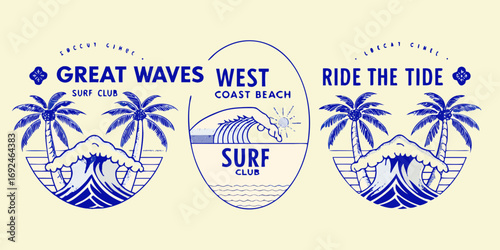 Vintage surf club emblems with palm trees crashing waves and sun on a cream background