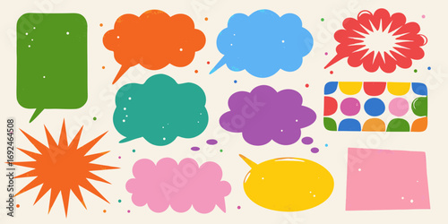 Collection of colorful cartoon speech bubbles and shapes with dots on a cream background