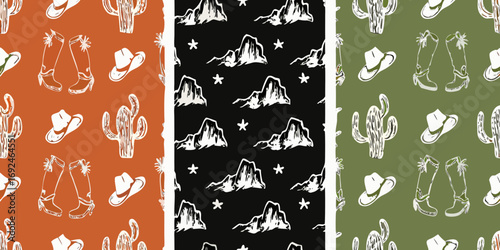 Western cowboy boots cactus and hats seamless patterns on orange black and green backgrounds
