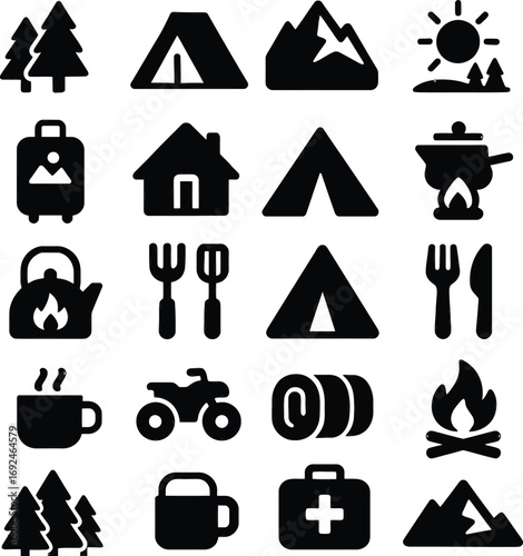 Outdoor adventure travel icon set camping hiking nature sports camping equipment