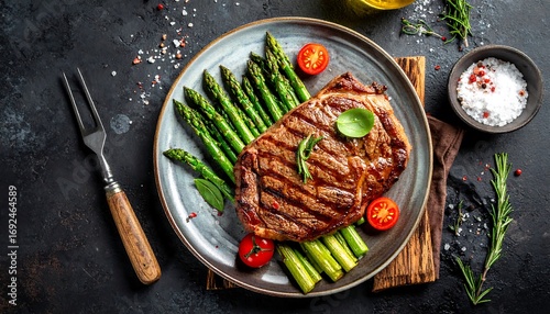 Grilled steak with asparagus and cherry tomatoes