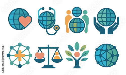 Healthcare and community glow icons set. featuring globe, heart, stethoscope, people, hands, network, scales, tree symbols.