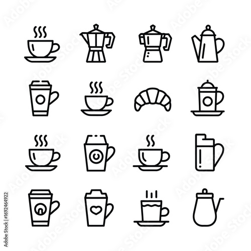 Collection of 12 modern cafe and coffee icons for diverse applications silhouette vector illustration white background