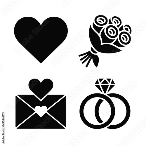 Minimalist icons set for romance love and valentines day symbols heart bouquet ring envelope silhouette vector illustration white background