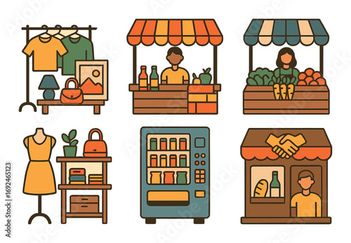 Market and shop flat icons set. featuring shirt, hanging clothes, lamp, picture, bag, mannequins, stall, vending machine.