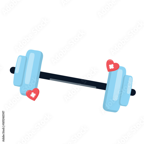 barbell with light blue weights and red heart icons featuring white medical crosses. Flat vector illustration symbolizing fitness, strength, and health. Ideal for wellness, gym, or exercise themes.