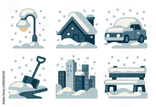 Winter elements flat icon set. featuring lamp, house, car, shovel, city, bench with snow.
