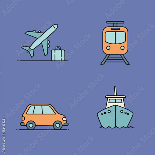Transportation icons Plane, Train, Car, & Ship