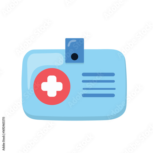 Light blue medical ID badge with dark blue clip and red cross icon, alongside placeholder lines for name or role. Represents healthcare identity, access, and professionalism—ideal for medical visuals.