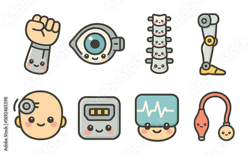 Medical linear icon set. featuring prosthetic limb, eyeball, spine, arm, head, heart monitor, therapy, brain.