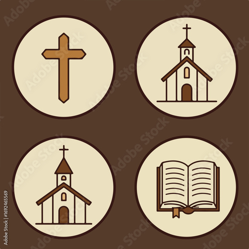 Faith set Icons of cross, church, & holy book in vintage-style circles