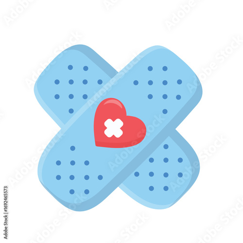 Two blue adhesive bandages crossed in an "X" shape with a red heart and white medical cross at the center. Symbolizes healing, care, and recovery—ideal for visuals on first aid, health, or compassion.